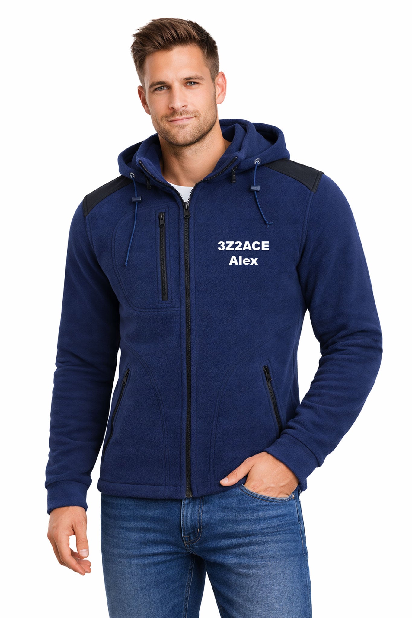 Men's fleece jacket with detachable hood - with embroidered amateur radio call sign and name (NY/BK)