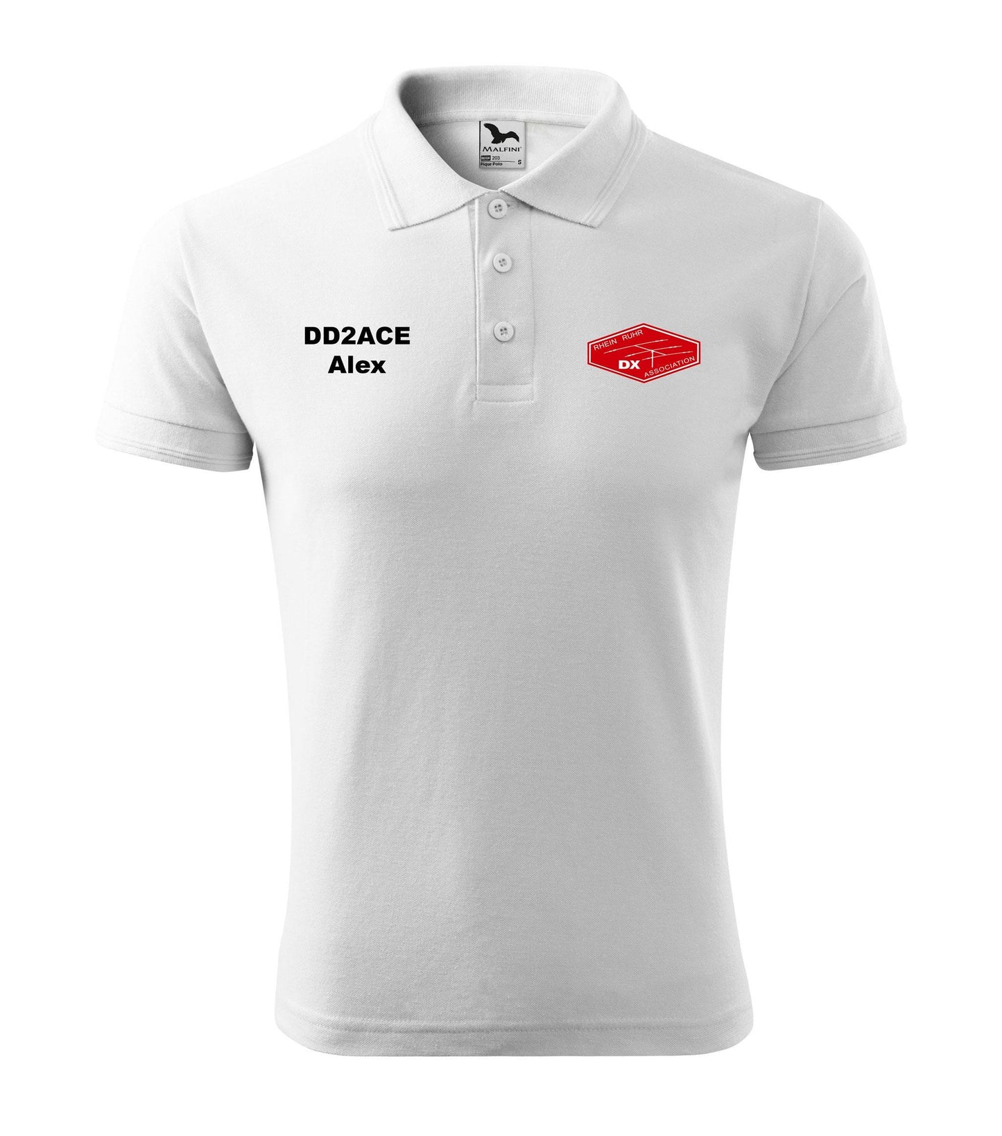 Men's Pique Polo Shirt - RRDXA Rhein Ruhr DX Association -call sign and name - personalized embroidery - official