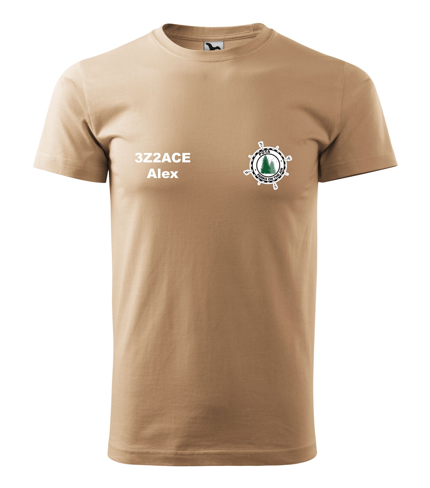 Koszulka T-shirt Heavy New Unisex, Piaskowa (08), POTA - Oficjalne logo Parks On The Air, personalizowany znak wywoławczy oraz imię