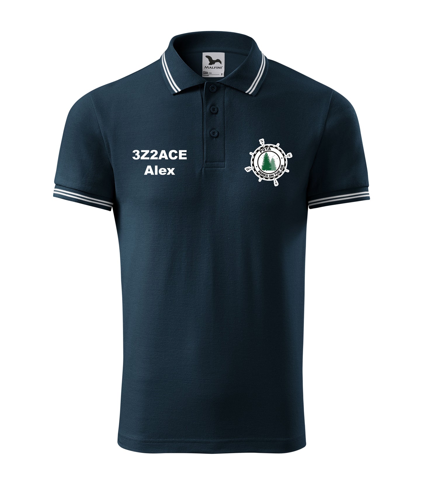 Koszulka Polo Urban Męska, Granatowa (02), POTA - Oficjalne logo Parks On The Air, personalizowany znak wywoławczy oraz imię
