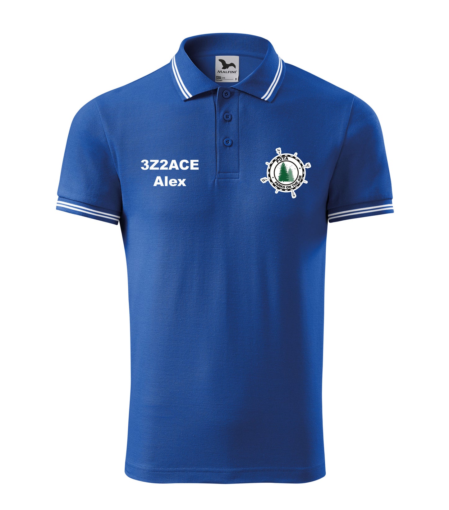 Men's Urban Polo Shirt, Royal Blue (05), POTA - Official Parks On The Air logo, personalized call sign and name