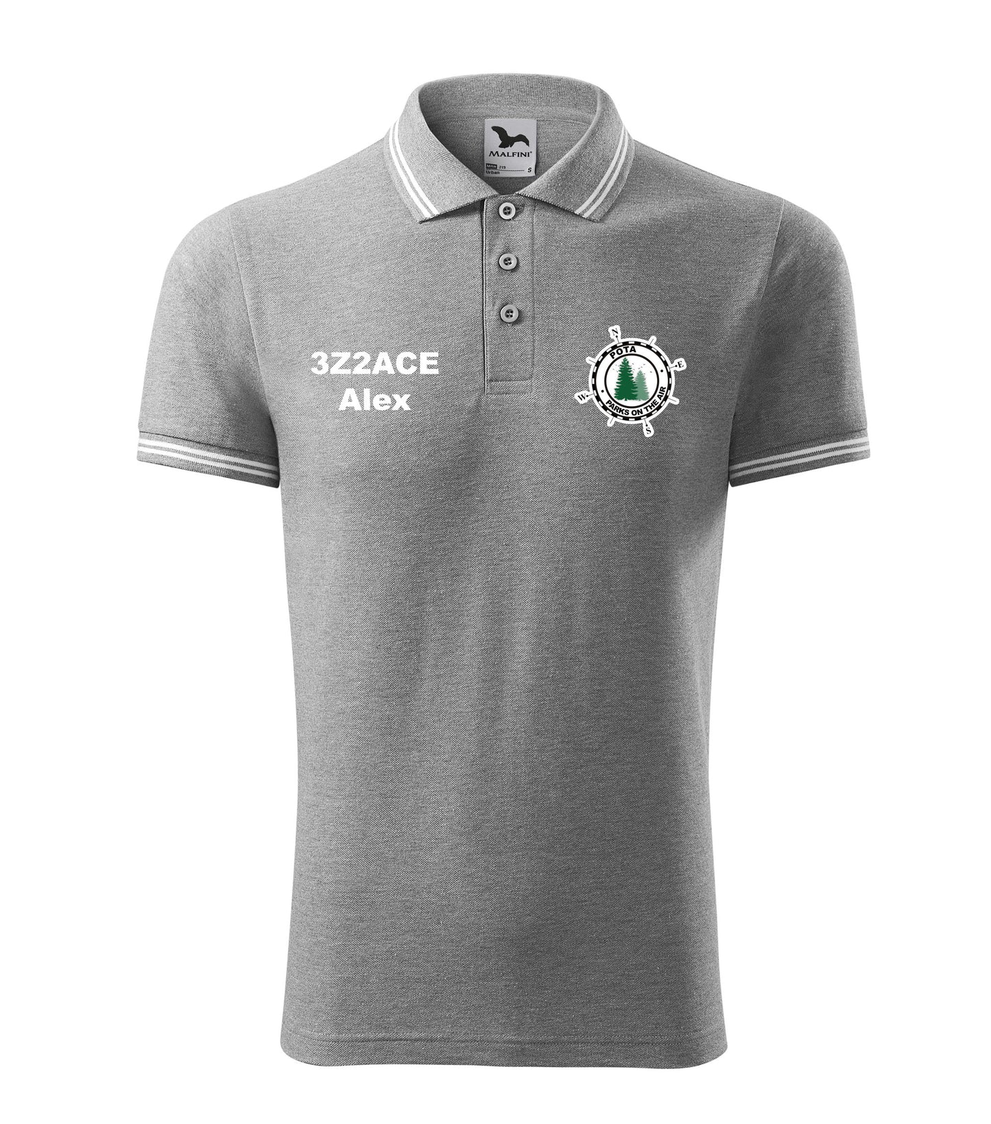 Men's Urban Polo Shirt, Dark Gray Melange (12), POTA - Official Parks On The Air logo, personalized call sign and name