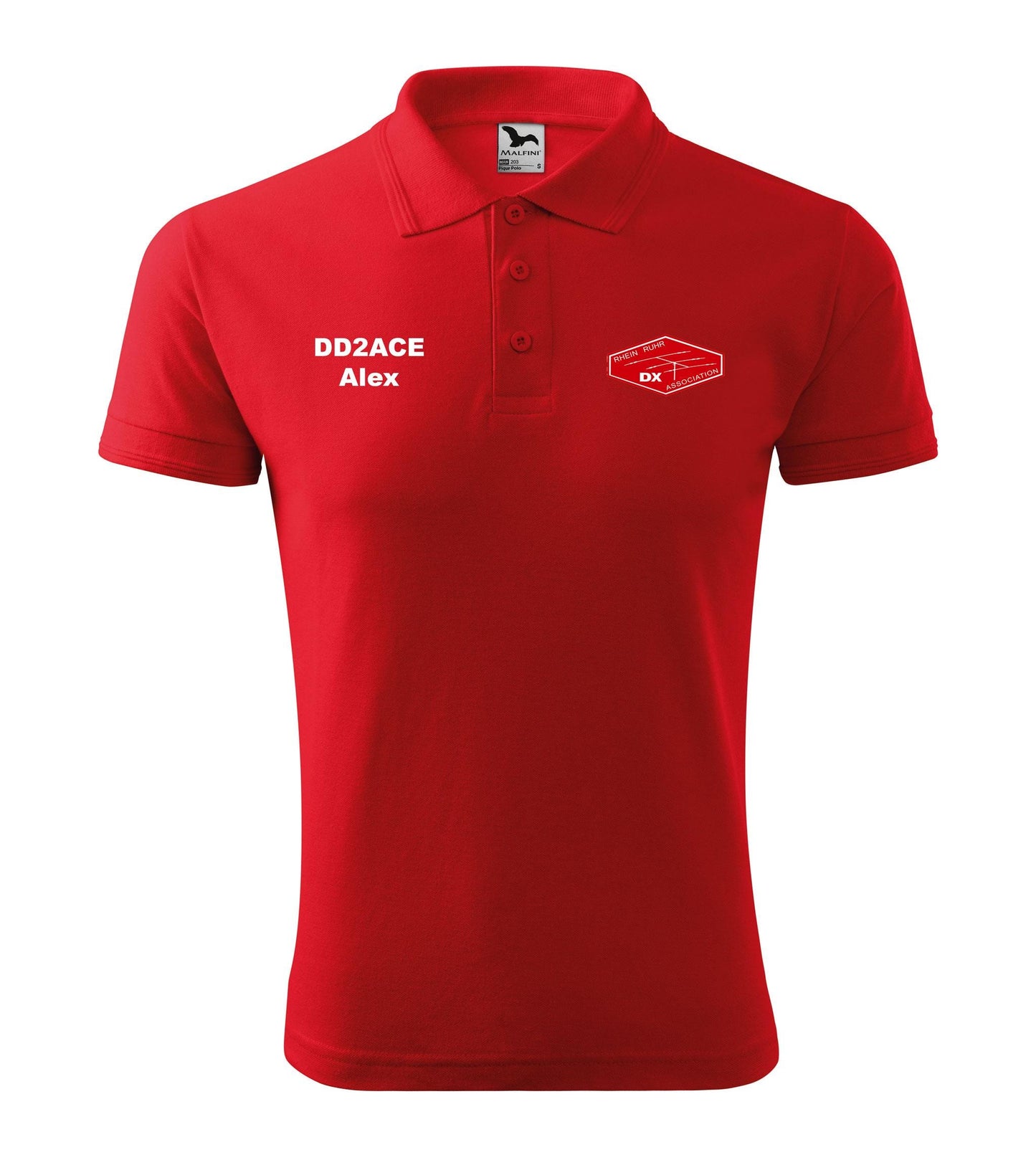 Men's Pique Polo Shirt - RRDXA Rhein Ruhr DX Association -call sign and name - personalized embroidery - official