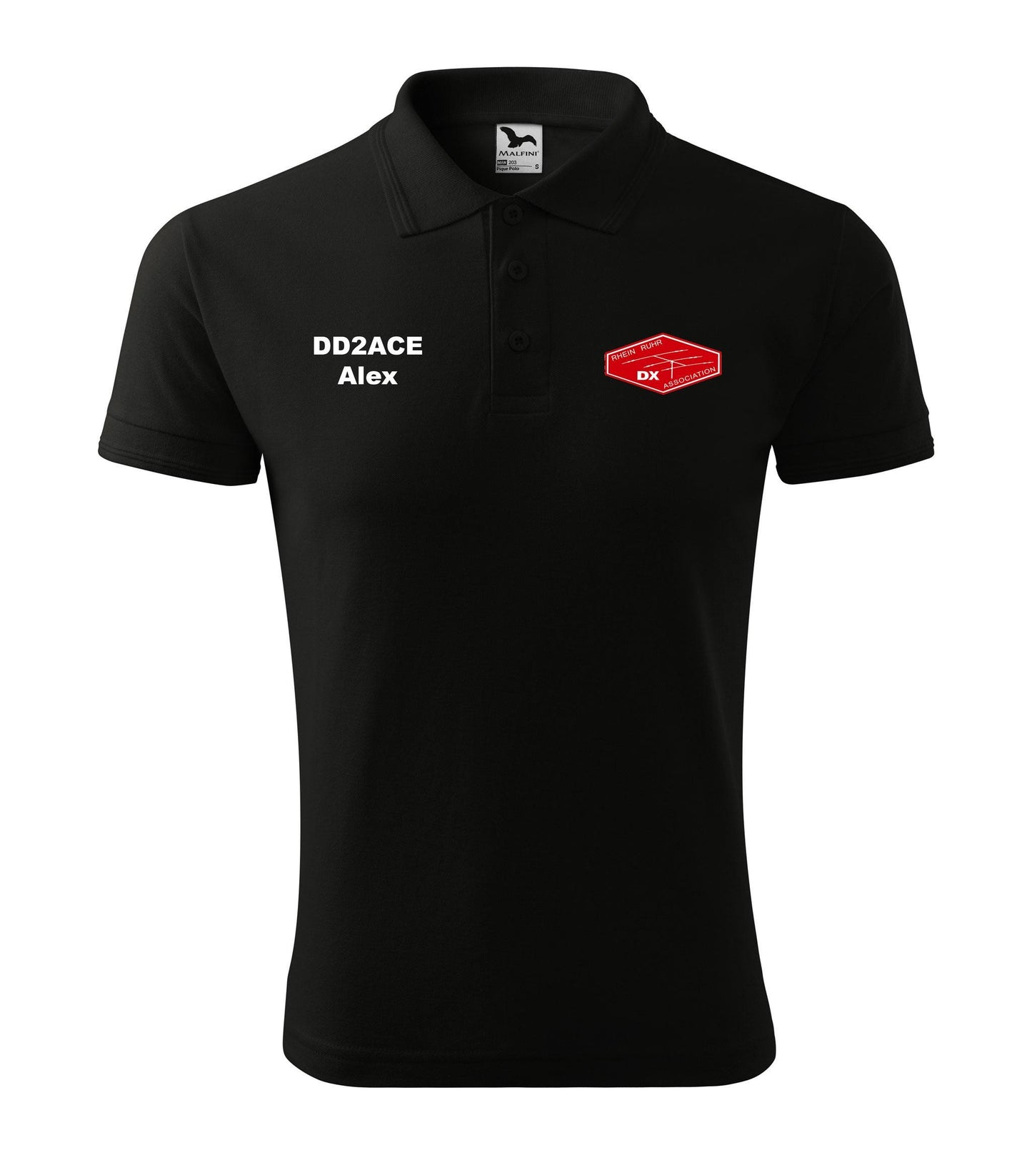 Men's Pique Polo Shirt - RRDXA Rhein Ruhr DX Association -call sign and name - personalized embroidery - official