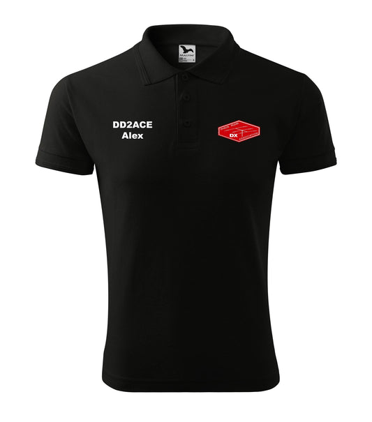 Męska Koszulka Polo Pique - RRDXA Rhein Ruhr DX Association -znak wywoławczo raz imię - personalizowana haftem - oficjalna