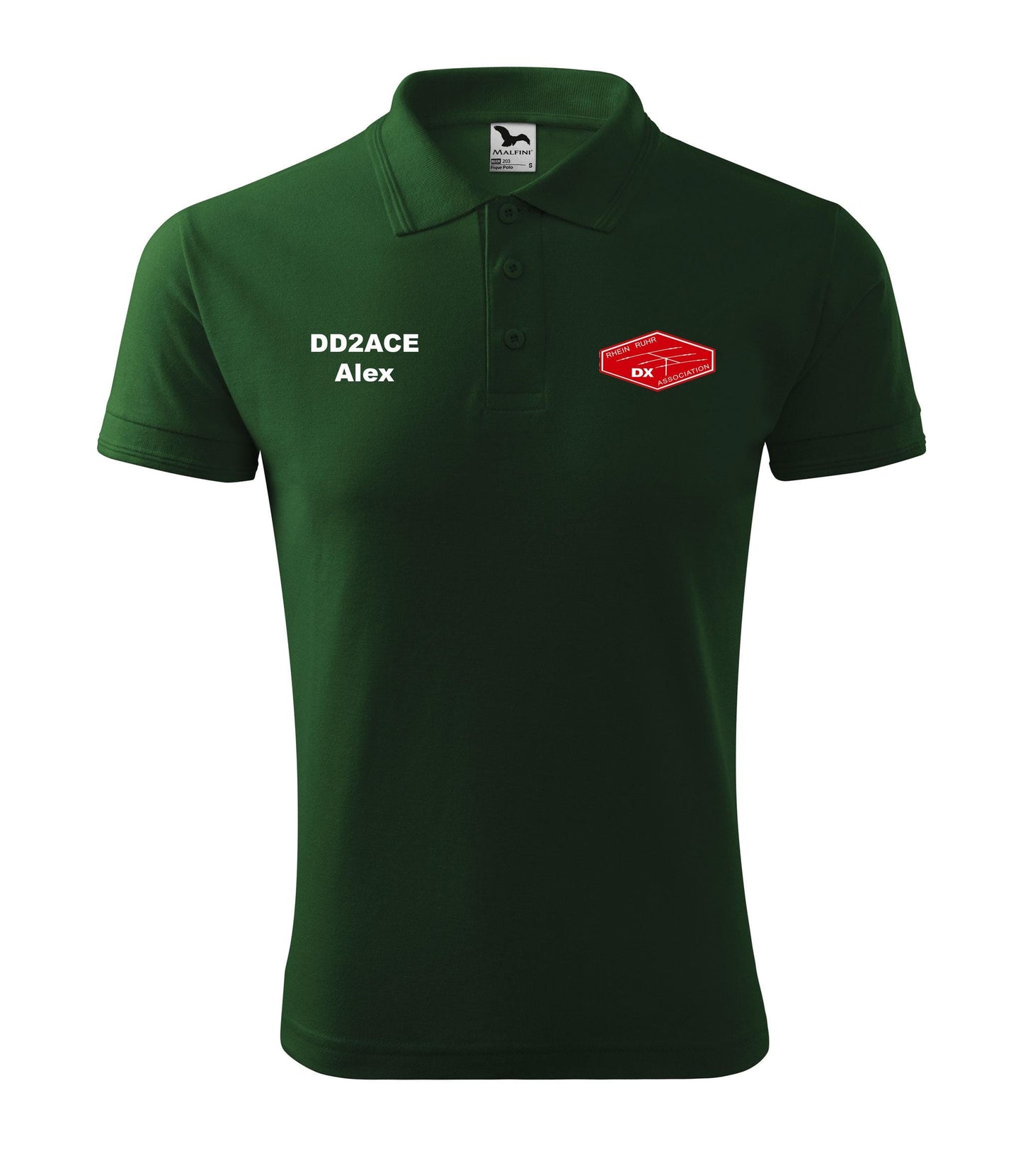 Men's Pique Polo Shirt - RRDXA Rhein Ruhr DX Association -call sign and name - personalized embroidery - official