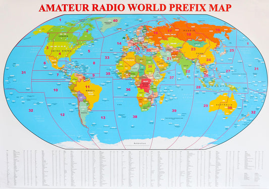 Amateur Radio World Prefix Map edycja 2025 rozmiar 99cm x 68cm