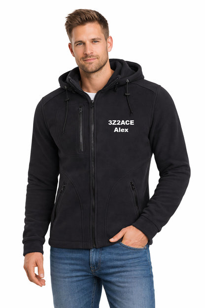 Men's fleece jacket with detachable hood - with embroidered amateur radio call sign and name (BK/BK)