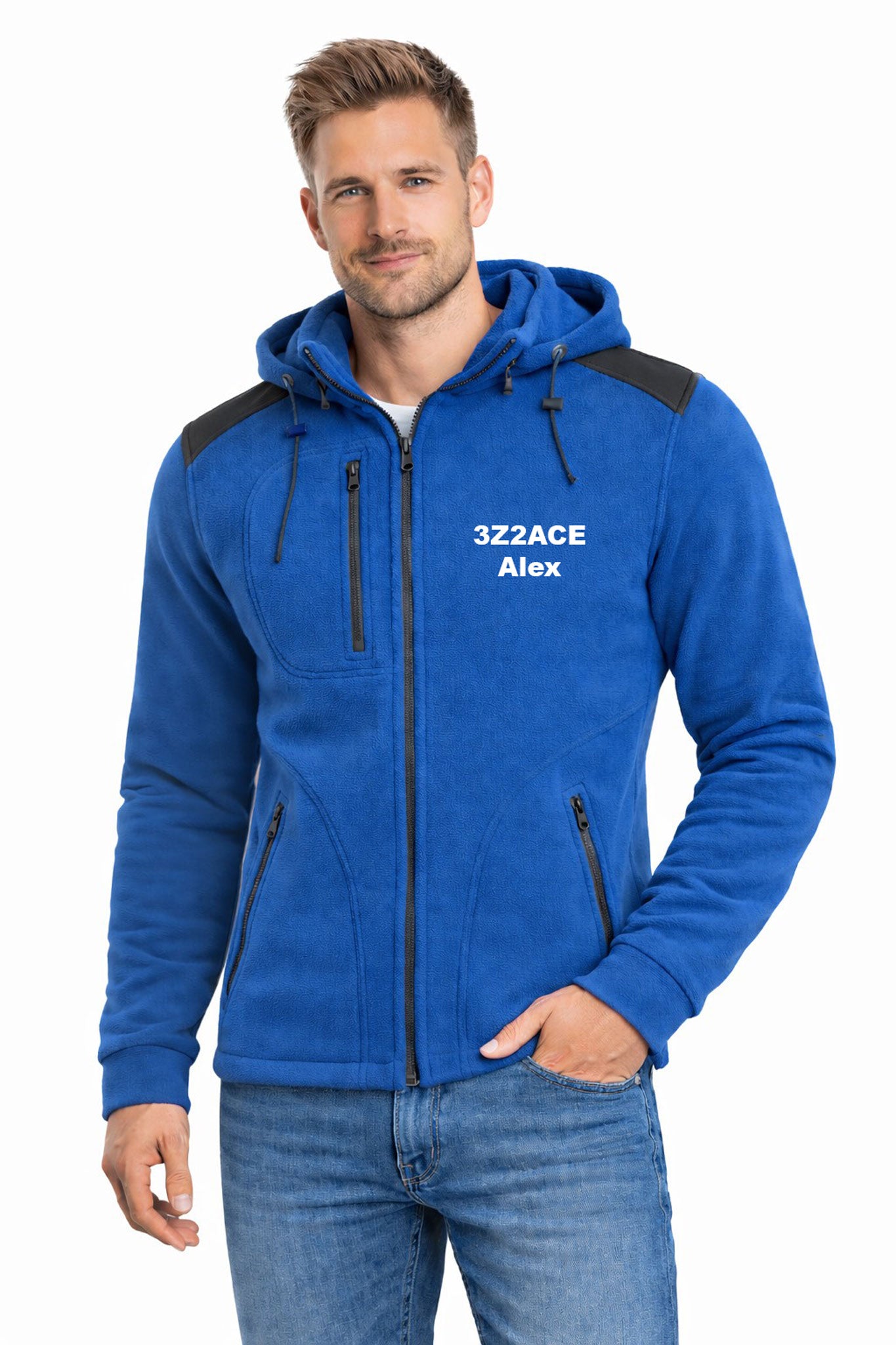 Men's fleece jacket with detachable hood - with embroidered amateur radio call sign and name (RB/BK)